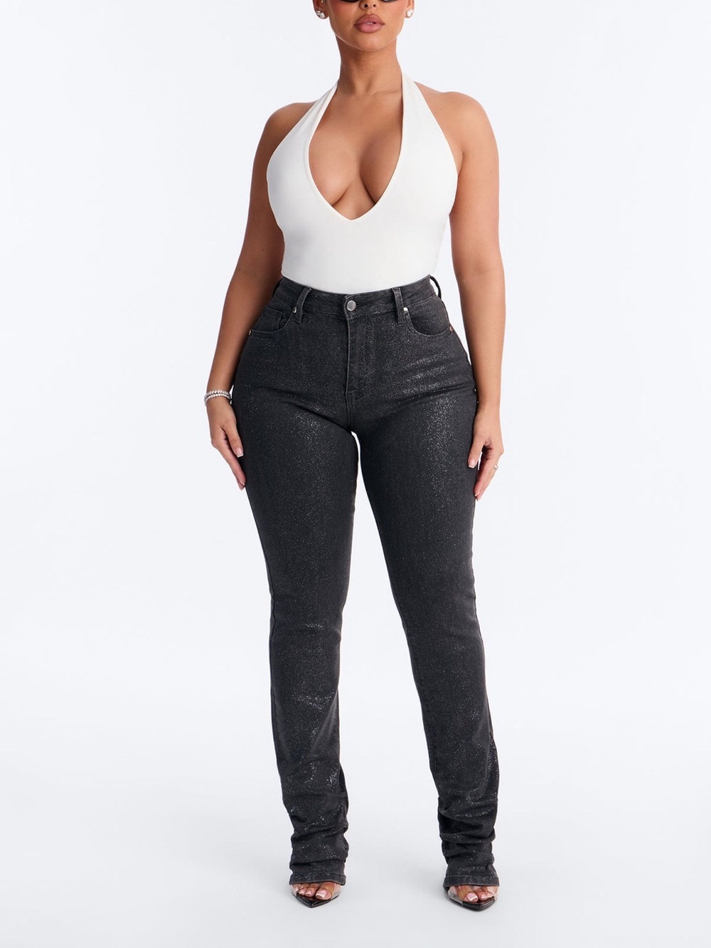 Fashion Nova Black Glitter High-Rise Straight stacked Jeans